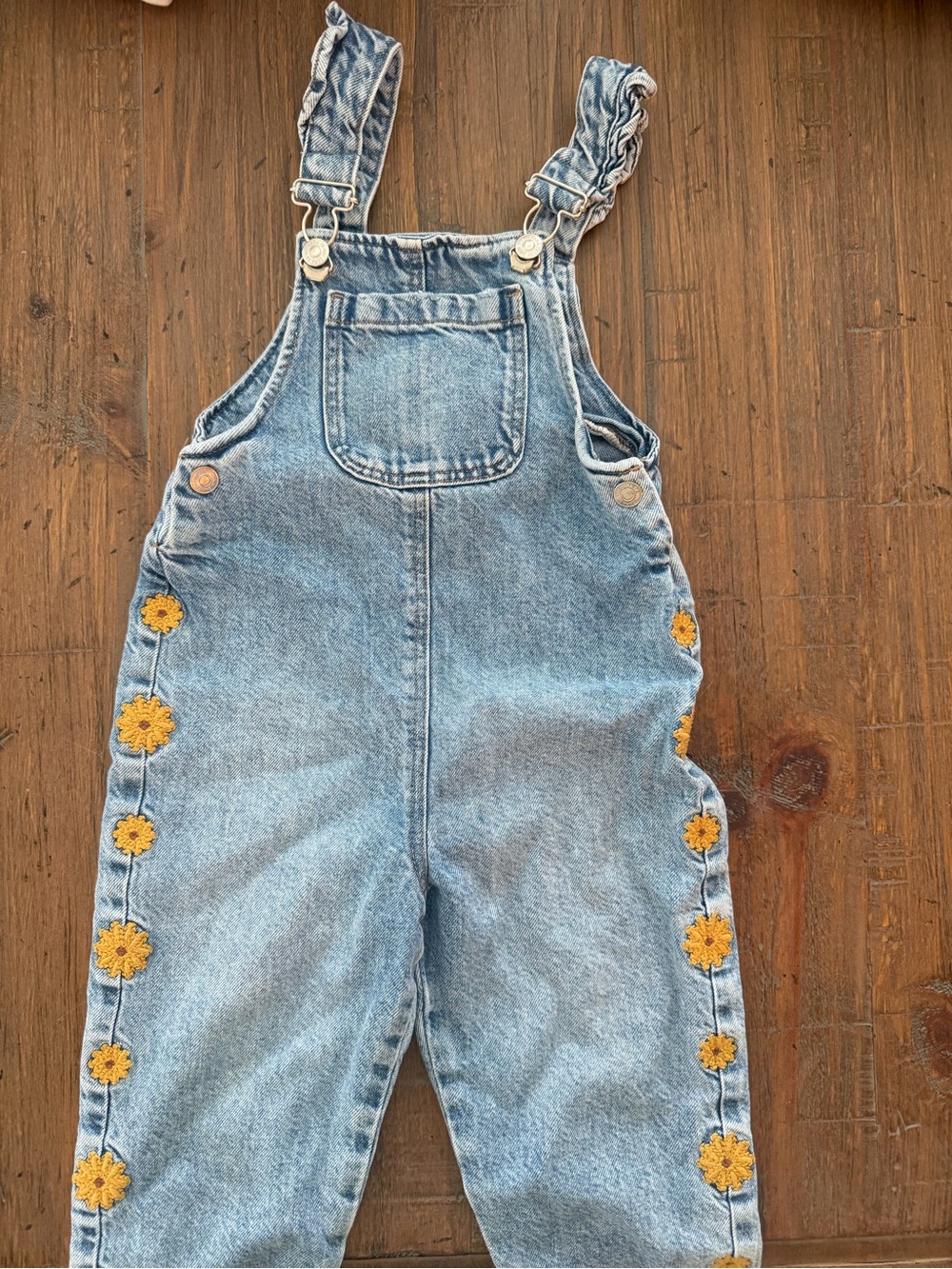 Zara Light Blue Denim Overalls with Yellow Daisy Trim